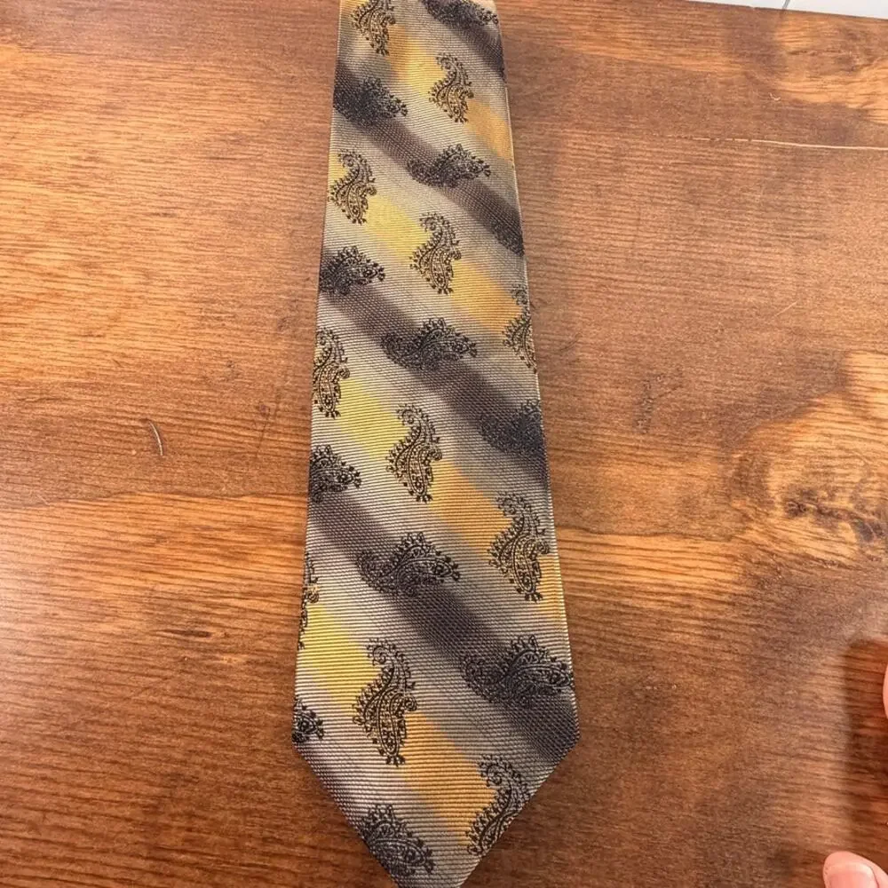 Vintage Studio Milano Handmade Gold Striped Paisley Silk Blend Necktie